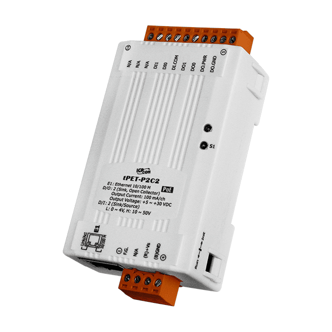 tPET-P2C2  Tiny PoE Ethernet Module with 2-ch DI, 2-ch DO (Sink, NPN)