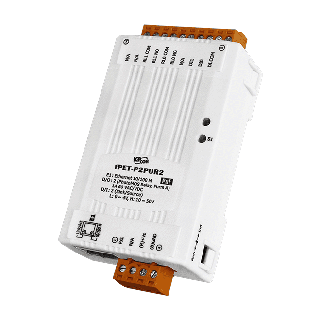 tPET-P2POR2  Tiny Ethernet Digital Input module (2DI-Wet/2RO-PhotoMOS)